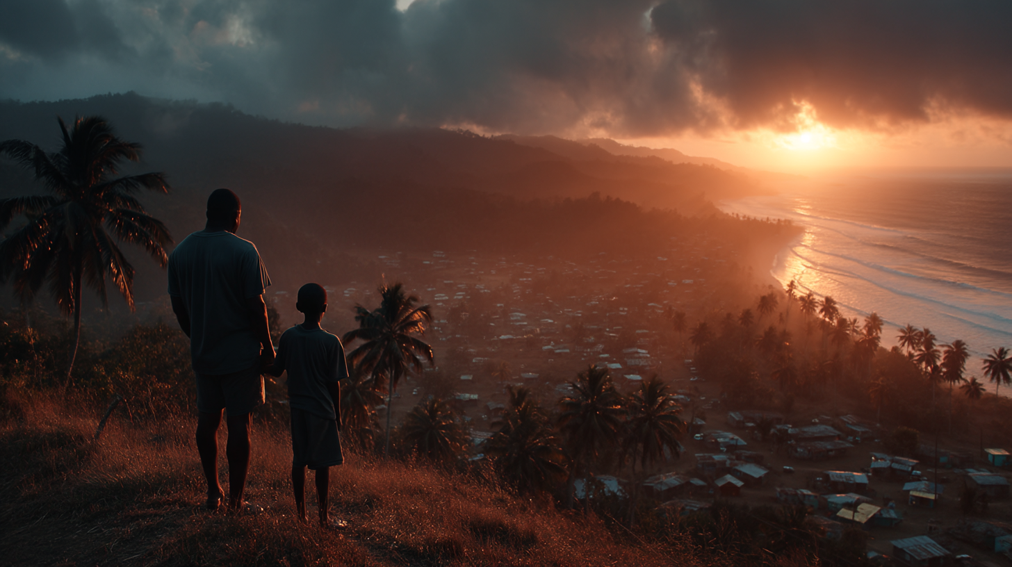 Familia dominicana contemplando el amanecer sobre el Caribe