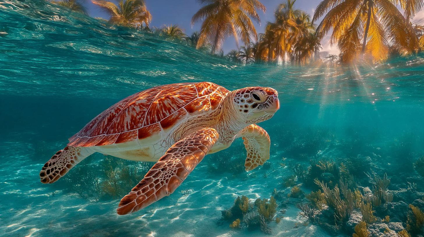 Tortuga carey nadando en aguas cristalinas del Caribe