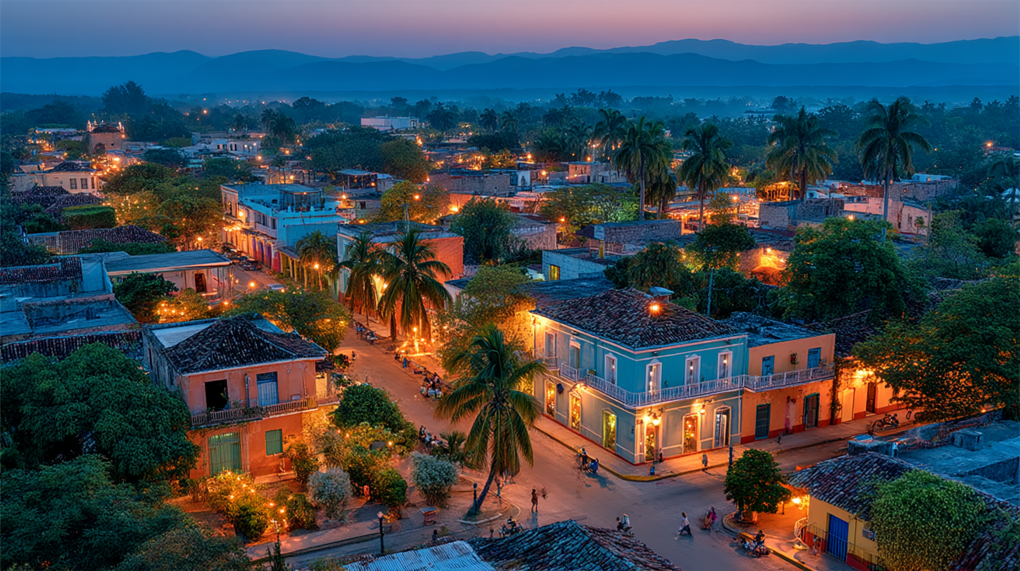 Vista aérea de un pueblo dominicano al anochecer con escenas interconectadas