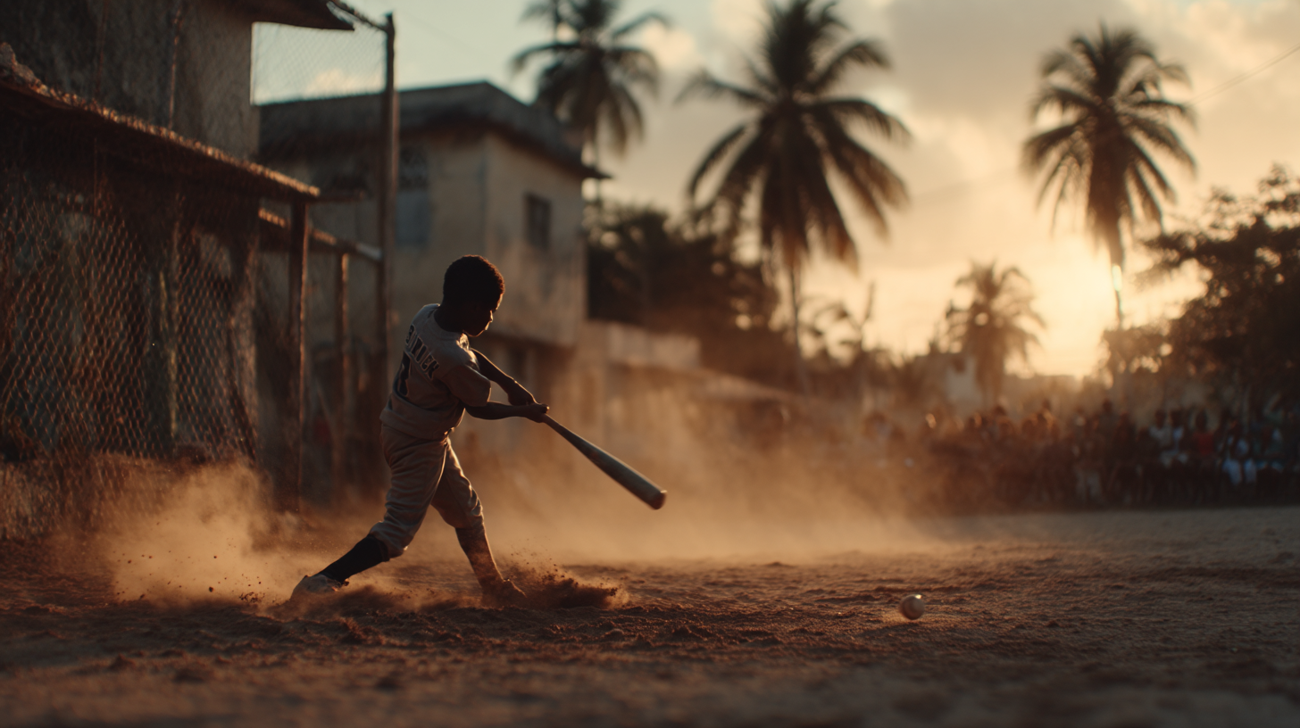 Joven dominicano bateando en un campo de béisbol al atardecer
