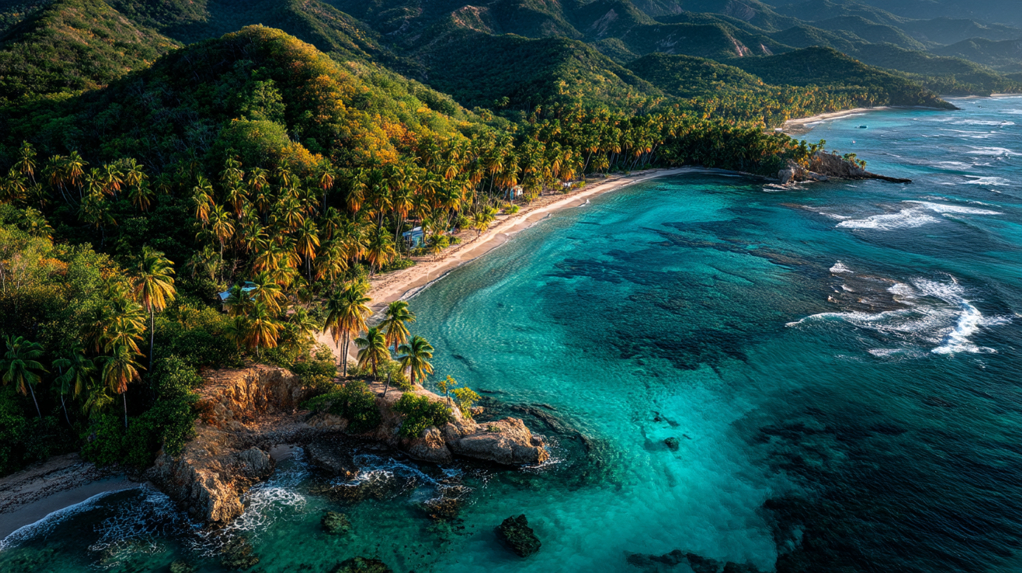 Vista aérea de la costa dominicana revelando playas, pueblos y montañas